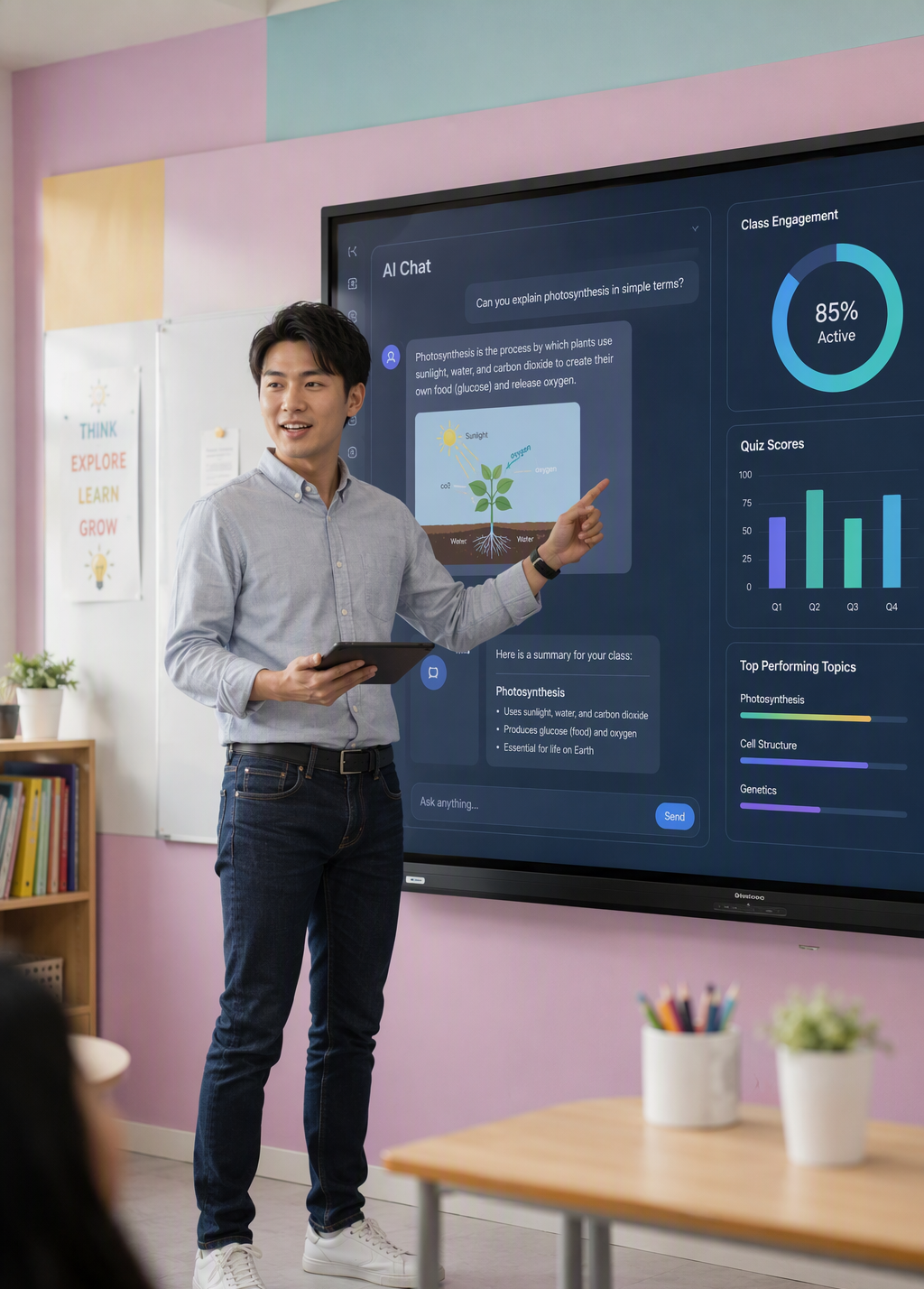 School leader presenting AI dashboards to staff