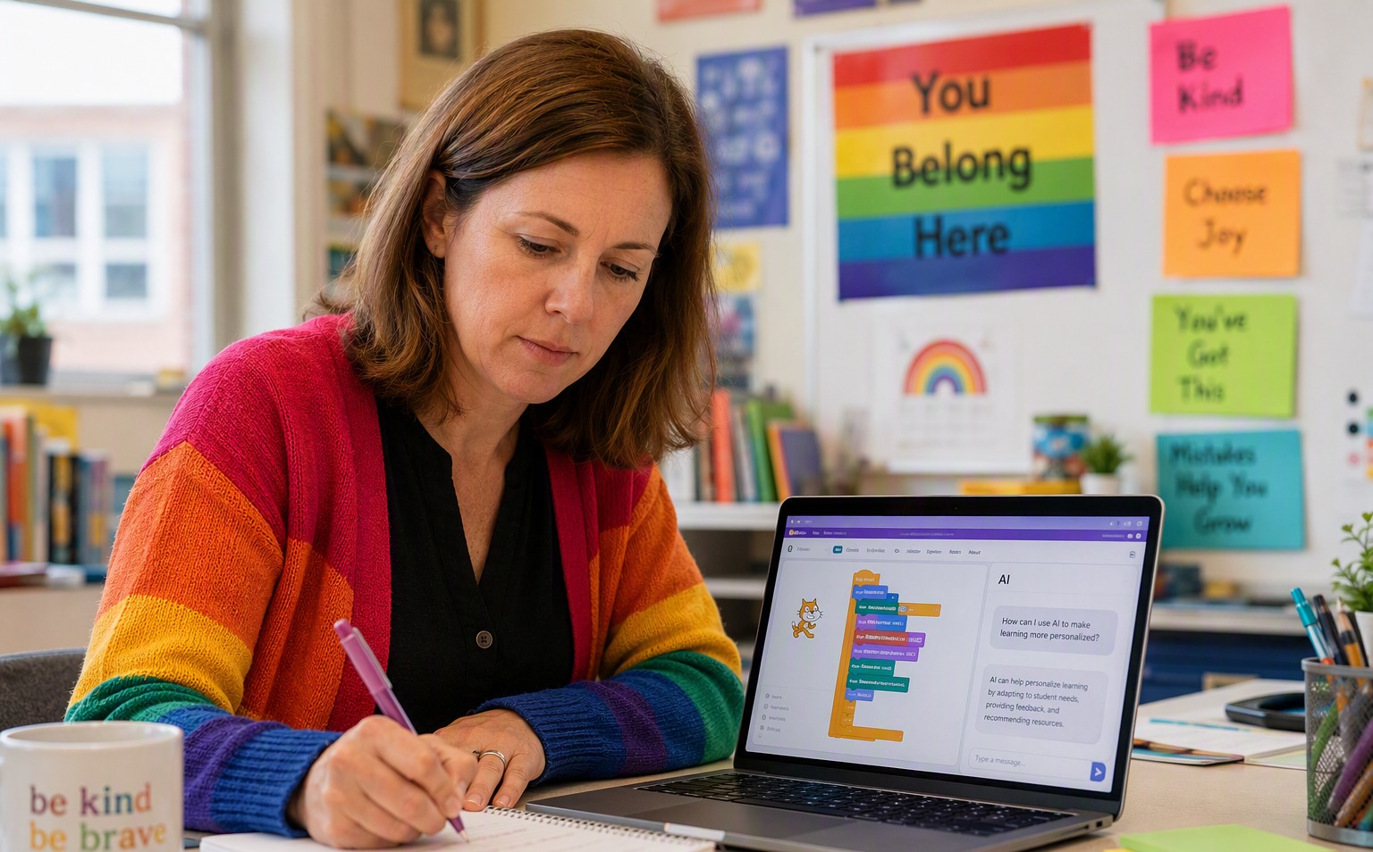 Teacher building AI tools in a rainbow classroom